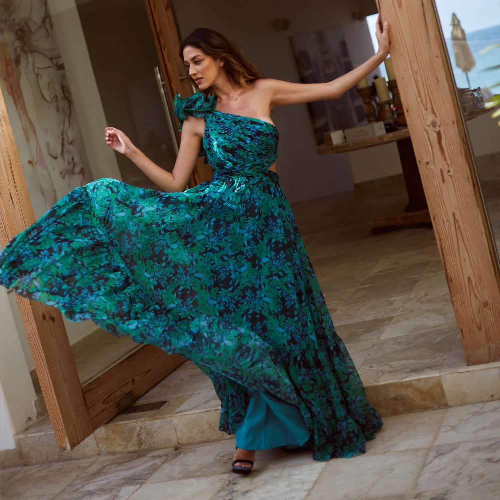 Mac Duggal Green One Shoulder Ruffle Tiered Cut-Out Chiffon Gown